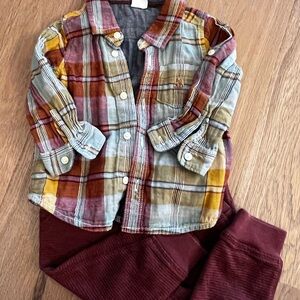 12-18M BabyGAP Plaid Button-Up Shirt and Burgundy Pants Set
